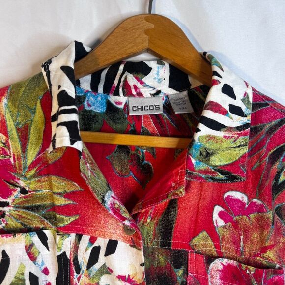 Chicos 100% Linen Bold Maximalist Button Front Mixed Print Floral Top Size 2/MD - Picture 3 of 8